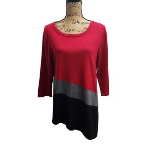 New Directions Women's Top Red Black Gray Color Block 3/4 Sleeve Large